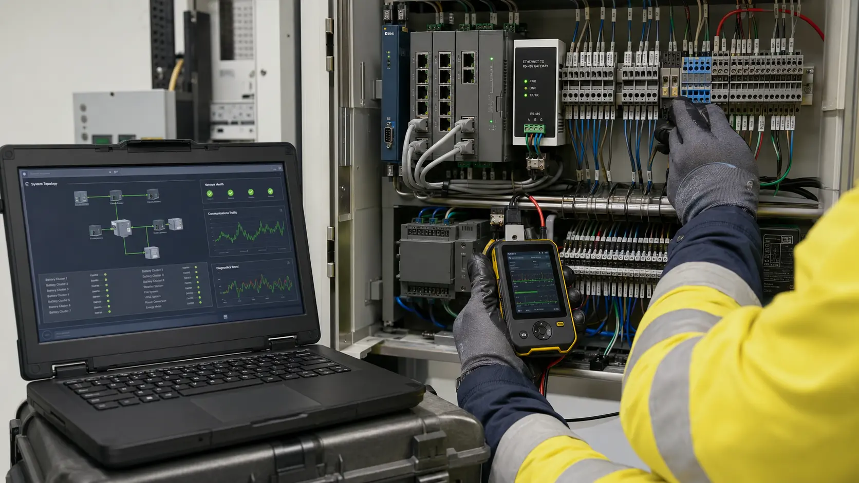 Commissioning engineer diagnosing Modbus and SCADA communications in an industrial control cabinet