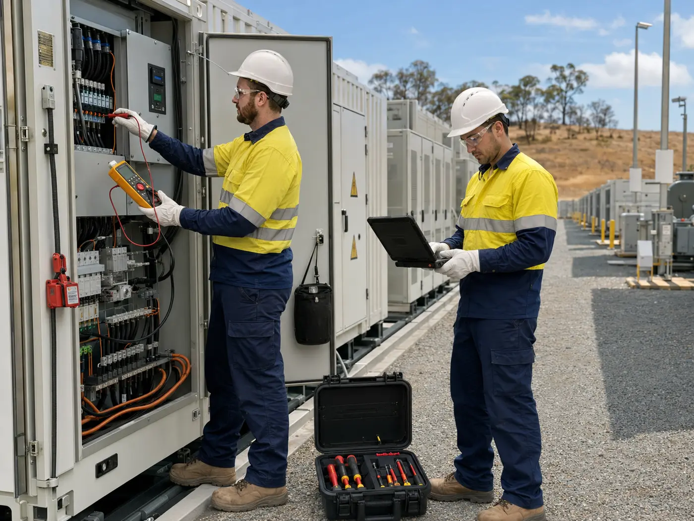 Electrical engineers performing diagnostics at a utility-scale battery energy storage site